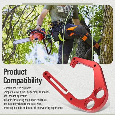 Red Aluminum Tree Climber Hook With One-Hand Operation, Compatible With Shem-biner XL Models, shown securing chainsaw