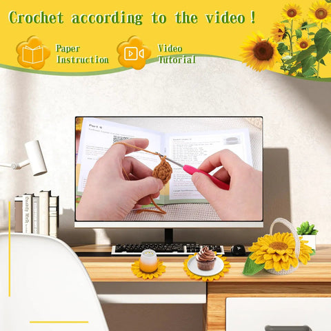 Beginner Crochet Kit Starter Set With Coasters And Plant Pot Projects, hands crocheting with TV tutorial, desk setup