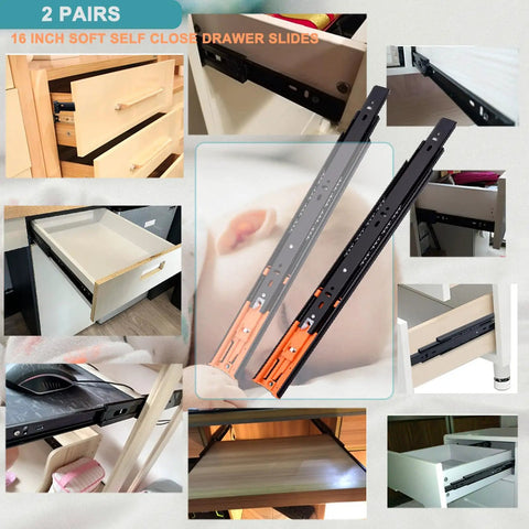 16 Inch Soft Close Drawer Slides With 100Lb Capacity, Heavy Duty Full Extension Ball Bearing Slides installed in drawers