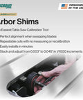 Precision Table Saw Arbor Shims For Slick Blade Alignment With Dead Nuts Accuracy And Hassle Free Calibration Using Heavy Duty Stainless Steel fence shim installed in table saw.