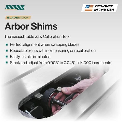 Precision Table Saw Arbor Shims For Slick Blade Alignment With Dead Nuts Accuracy And Hassle Free Calibration Using Heavy Duty Stainless Steel fence shim installed in table saw.