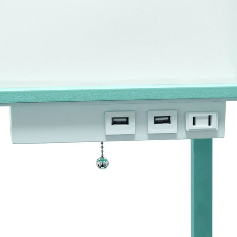Close-up of Aqua Floor Lamp Etagere Organizer with USB ports and outlet under shade, pull chain switch visible