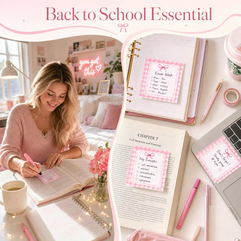 Totally Cute Bow Sticky Notes For Students With Pink Gingham Design 24 Pads 720 Sheets on study desk, back to school supplies