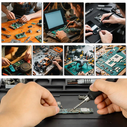 Hands using M170 Silicone Soldering Mat 17.3 By 12.2 Inches Heat Resistant With Eight Function Zones Magnetic Soldering Pad for electronics repair