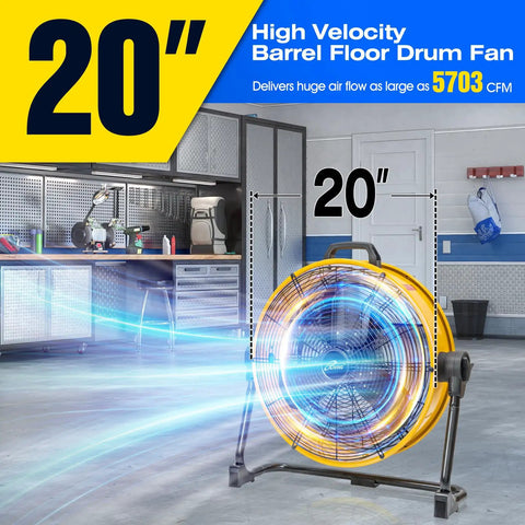 Heavy Duty 20 Inch High Velocity Drum Floor Fan With Brushless DC Motor And Stepless Speed Control Industrial Grade Air Circulation