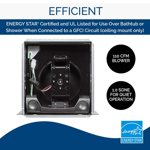 Interior of Bluetooth Ventilation Fan With Built In Dual High Fidelity Speakers For Bathroom Or Room Up To 105 Sq Ft, showing 110 CFM blower and ENERGY STAR logo.