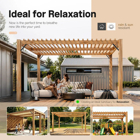 Wooden pergola with family relaxing, ideal for outdoor gatherings, shows modern backyard setup with furniture and plants.