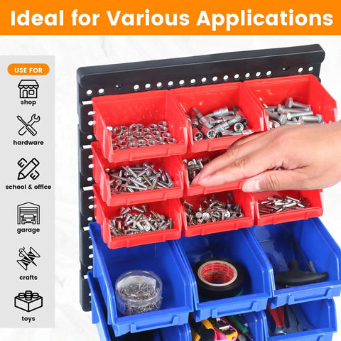 All In One Wall Mount Storage Rack With 30 Bin Heavy Duty Organizer For Nuts Bolts Screws Nails Beads Buttons And Small Parts For Garage Home And Workshop Blue And Red Bins with visible nuts and bolts in bins