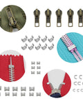 Close-up of 143 Piece Zipper Repair Kit With Install Plier For Bags Jackets Tents Backpacks Sleeping Bags Includes Nylon Coil Sliders And Metal Zippers For Quick DIY Repairs On The Go