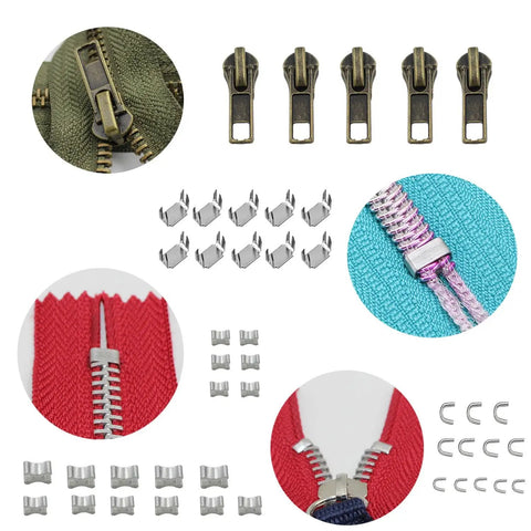 Close-up of 143 Piece Zipper Repair Kit With Install Plier For Bags Jackets Tents Backpacks Sleeping Bags Includes Nylon Coil Sliders And Metal Zippers For Quick DIY Repairs On The Go