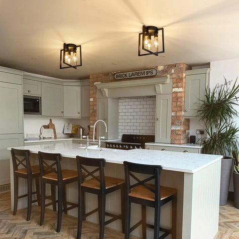 Three Light Black Ceiling Light Fixture, Farmhouse Industrial Matte Black Finish in modern kitchen, open frame design visible