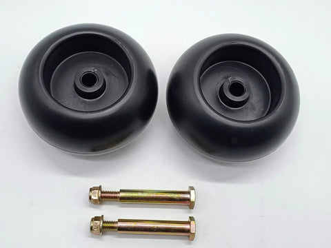Heavy Duty Deck Rollers With Solid Shoulder Bolts And Lock Nuts For Zero Turn Mowers And Riding Tractors Ultra Smooth Gliding Wheel Repair Kit For Yard Hustlers Everywhere - two black rollers with bolts.