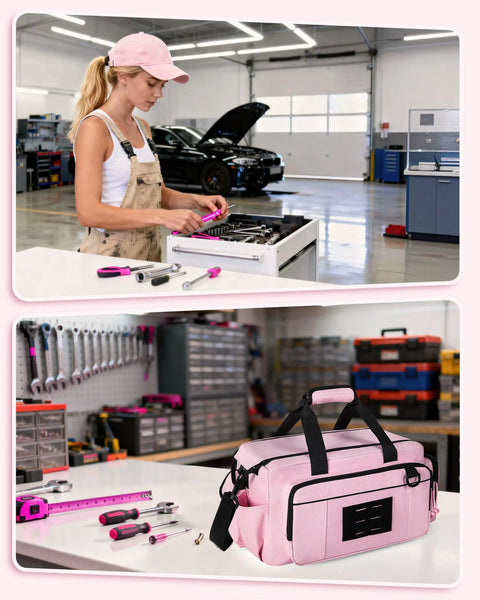 No Fuss Pink Tool Bag For Women Featuring A Spacious 16 Inch Storage Layout With Stretch Pouches To Quickly Toss In Drills Wrenches And Pliers For Stress Free Job Site Organization