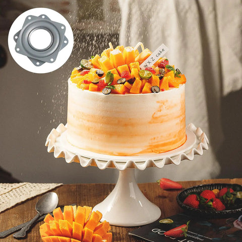 Square Six Inch Lazy Susan Turntable Bearing Smooth 360 Degree Swivel Plate For Cabinet Hardware Dead Nuts Stable For Kitchen Storage No Sweat Setup Heavy Duty Rolling Tray near a decorated mango cake.