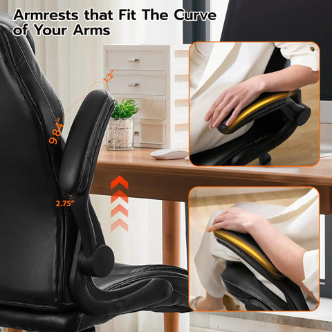 Ergonomic Office Desk Chair With Padded Flip Up Arms Adjustable Lumbar Support PU Leather Executive Chair armrest detail