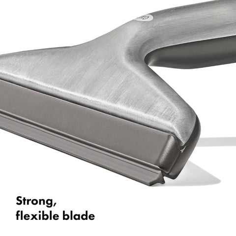 Stainless Steel Shower Squeegee With Slim Profile For Streak Free Drying On Shower Doors Tiles And Mirrors Grab And Go Style With Adhesive Suction Holder For Easy Hanging, close-up of flexible blade