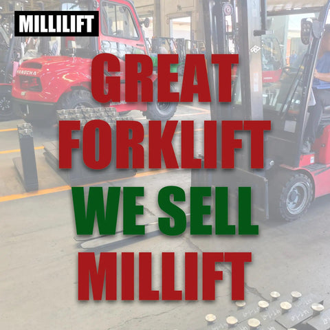 Built Like A Tank Job Site Ready Straight Up Heavy Duty Workhorse Sixty Inch Forged Pallet Fork Blades 4400 Lb Capacity ITA Class II Hook Style Replacement Forks For Forklifts Skid Steers And Tractor Loaders Pair with forklifts in a warehouse.