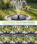Solar Fountain Kit For Bird Bath And Ponds With 1.4W Pump, 7 Nozzles, And 4 Fixed Pipes, showing multiple fountain modes