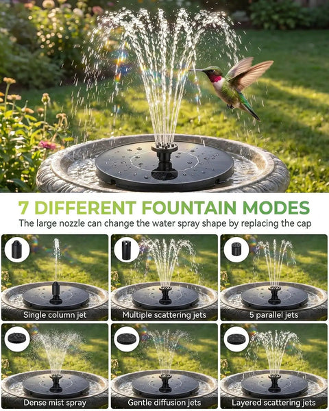Solar Fountain Kit For Bird Bath And Ponds With 1.4W Pump, 7 Nozzles, And 4 Fixed Pipes, showing multiple fountain modes