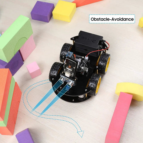 R3 Smart Robot Car Kit V4 For Arduino showing obstacle avoidance with foam blocks, perfect for STEM education coding and engineering.