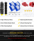 10 Pack Roomba 600 Series Replacement Parts Kit with filters, side brushes, bristle and beater brush, screws, and tools.