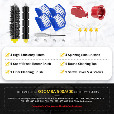 10 Pack Roomba 600 Series Replacement Parts Kit with filters, side brushes, bristle and beater brush, screws, and tools.