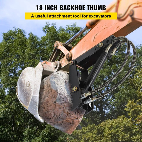 18 Inch Hydraulic Backhoe Thumb With Adjustable Length And Hydraulic Cylinder gripping concrete in forested construction site