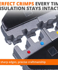 Close-up of Pro Grade Crimping Tool Kit With Six Interchangeable Dies showing precise crimping dies for insulated terminals.