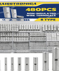 Non Insulated Butt Connectors Kit 480 Pieces For Wiring, Pure Copper Crimp Connectors AWG 26-6, 8 sizes assortment
