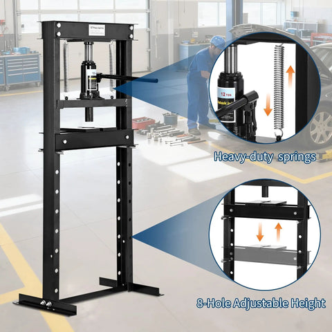 Badass 12 Ton H Frame Hydraulic Shop Press With Adjustable Height Stamping Plates And Built In Pressure Relief Valve for heavy-duty use.