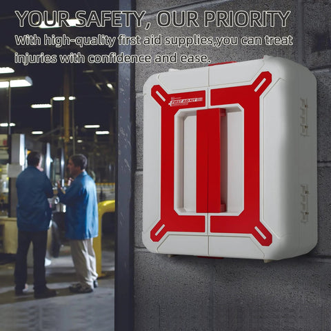 Large white plastic wall-mounted first aid kit with red frame and label, 408-piece emergency supplies.