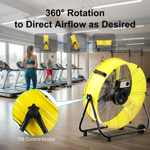 Beastly Industrial 30 Inch Drum Fan With 14000 CFM High Velocity Airflow shown in a gym setting with tilt control knobs