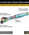 Quarter Inch Drive 90 Tooth Micro Ratchet with Full 252 Degree Swivel Head and ergonomic knurled handle, titanium finish