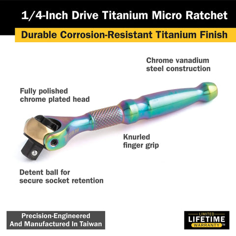 Quarter Inch Drive 90 Tooth Micro Ratchet with Full 252 Degree Swivel Head and ergonomic knurled handle, titanium finish