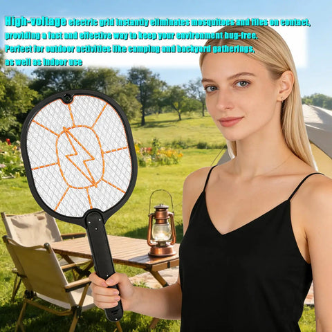 Woman holding Two Pack Electric Fly Swatter Racket Set, AA Battery Powered Bug Zapper for Indoor Outdoor Use, in garden setting