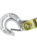 Close-up of the hook part of Three Quarter Ton Rope Puller With Fifty Foot Three Strand Twisted Polydacron Rope Included One Piece Aluminum Alloy Ratchet Wheel High Strength Electro Plated Steel Parts Notch At A Time Letdown Assembled In The USA