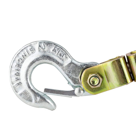 Close-up of the hook part of Three Quarter Ton Rope Puller With Fifty Foot Three Strand Twisted Polydacron Rope Included One Piece Aluminum Alloy Ratchet Wheel High Strength Electro Plated Steel Parts Notch At A Time Letdown Assembled In The USA
