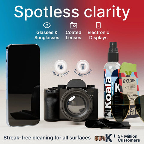 Koala eyeglass lens cleaner spray kit: 2 bottles + 2 microfiber cloths, shown with smartphone and camera