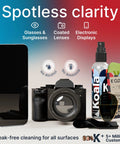 Koala eyeglass cleaner spray kit, front view: alcohol-free cleaner bottle and microfiber cloth; 2-piece set for glasses, screens, cameras.