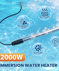 Dope Build 2000W Portable Submersible Water Heater With Rapid Heat 304 Stainless Immersion Rod in water with bubbles.