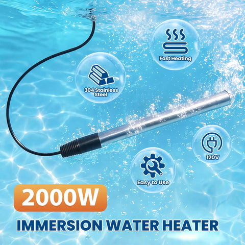 Dope Build 2000W Portable Submersible Water Heater With Rapid Heat 304 Stainless Immersion Rod in water with bubbles.