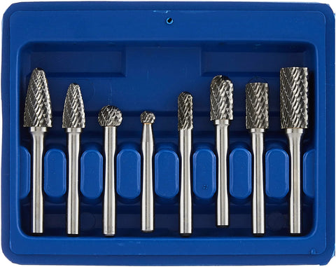 Front view: eight 1/4-inch shank double-cut carbide rotary burrs in blue blow-molded case