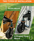 6 Inch Heavy Duty Gate Wheel With Beefed-Up Spring Loaded Support And 600 Lb Capacity, showing screw and U-shaped hoop mount on gates