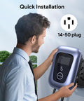 Man installing Rock Solid Level 2 Electric Vehicle Charger With Smart App Control 48 Amps 240 Volt onto wall.