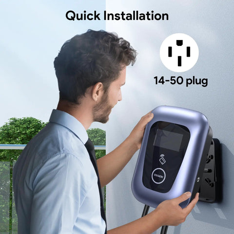 Man installing Rock Solid Level 2 Electric Vehicle Charger With Smart App Control 48 Amps 240 Volt onto wall.