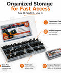 Complete 45 Sets M6 Rack Screws And Cage Nuts 180 Piece Pro Gear Server Rig Mounting Hardware Kit With Nylon And Quick Snap Black Cup Washers For Square Hole Rack Setup in organized storage box.