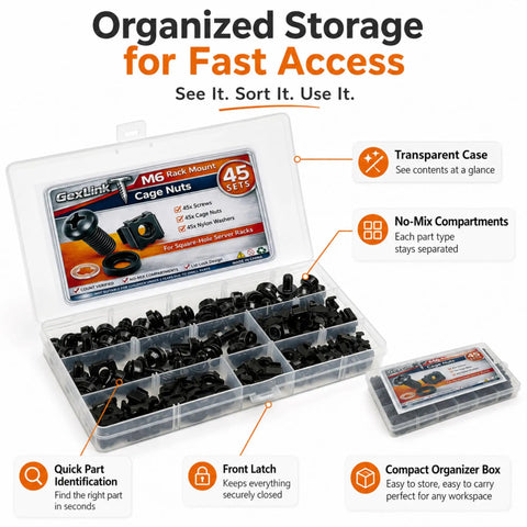 Complete 45 Sets M6 Rack Screws And Cage Nuts 180 Piece Pro Gear Server Rig Mounting Hardware Kit With Nylon And Quick Snap Black Cup Washers For Square Hole Rack Setup in organized storage box.