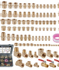 105-piece brass pipe fittings kit with NPT adapters, reducers, elbows, tees, ball valves, plugs in case