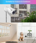 Security camera indoors and outdoors, using 4 Pack 100 Foot BNC Video Power Cables For CCTV Security Cameras And DVR Systems All In One Extension Wire With 4 BNC And RCA Connectors Includes 100 Cable Clips For Quick Clean Install