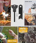 Image showing various tools from the 19 In 1 Survival Gear Kit For Men Dad Husband Emergency Tools Camping Accessories Fishing Hunting Gift For Outdoors Lovers Birthday Stocking Stuffers Cool Gadget Camping Essentials, including a fire starter, bottle opener, and wire saw.